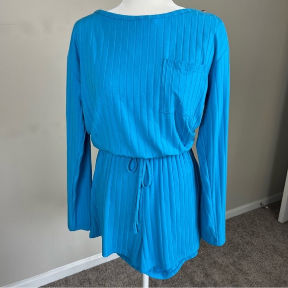 RIBBED LONG SLEEVE ROMPER MEDIUM IN BLUE DRAWSTRING WAIST KEYHOLE BACK M7J753 - Picture 6 of 16